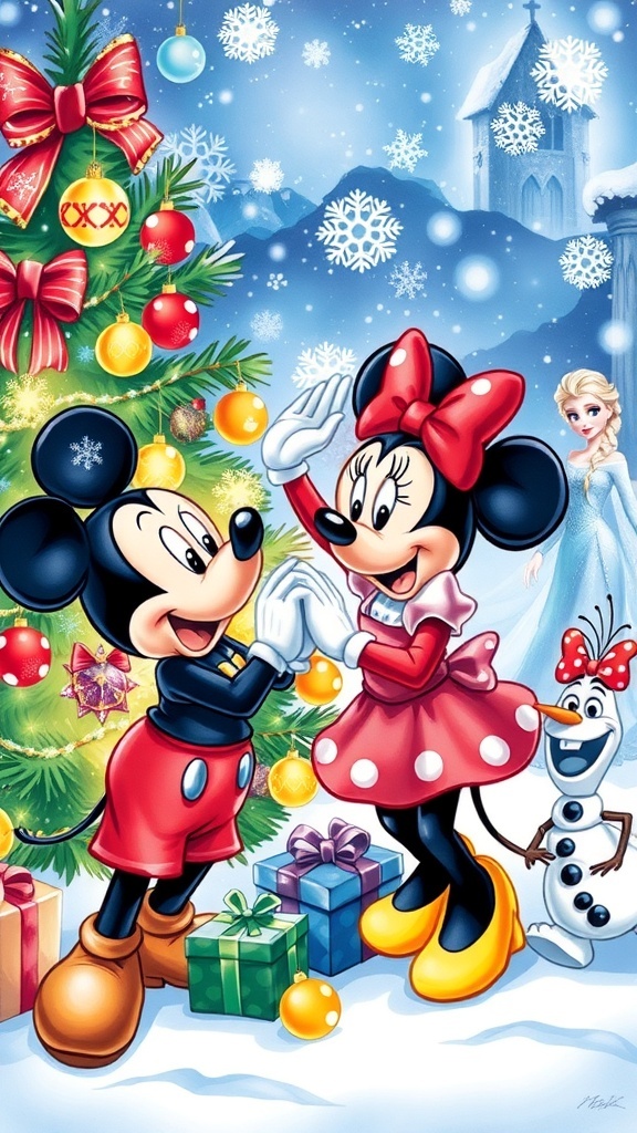 Disney characters celebrating Christmas, including Mickey and Minnie decorating a tree in a winter wonderland.